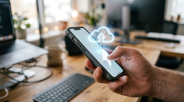 Hand holding smartphone with cloud upload icon for digital data storage and mobile sync
