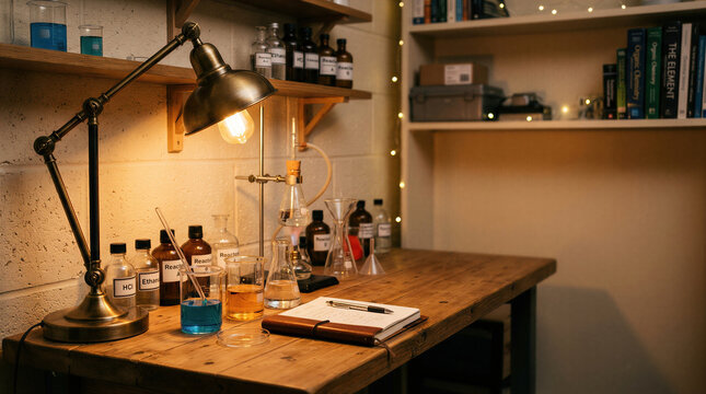 Vintage chemistry laboratory desk with glass beaker, flask and reagent bottle under warm lamp light. Science experiment and research concept. Education and home lab setup for study