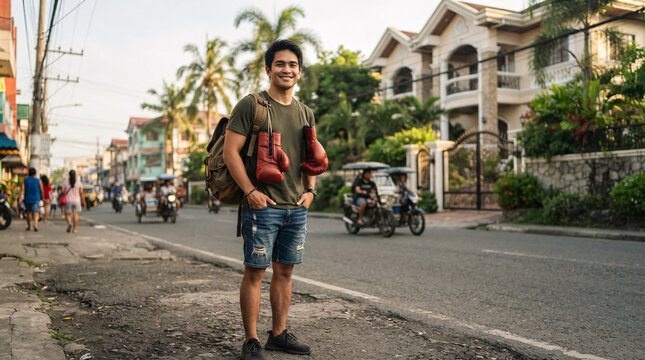  Young male traveler and boxer wearing boxing gloves and backpack while standing on a lively tropical residential street.