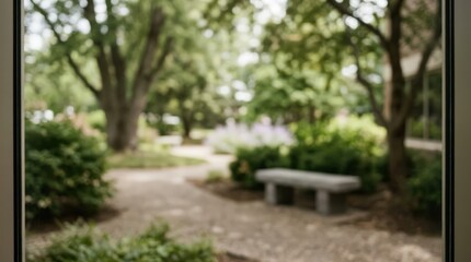 Fototapeta premium Stone bench sits on a gravel path in a lush green park garden. Soft focus view through a doorway frames the peaceful outdoor scenery with trees and foliage in the background.