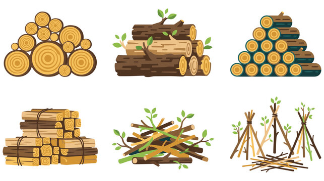 Wood logs piles and bonfire kindling sticks flat vector illustration.