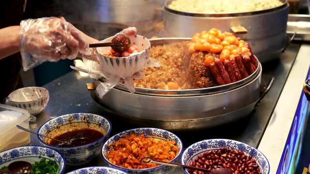 Street food vendor serving hot rice bowl with sausage and eggs