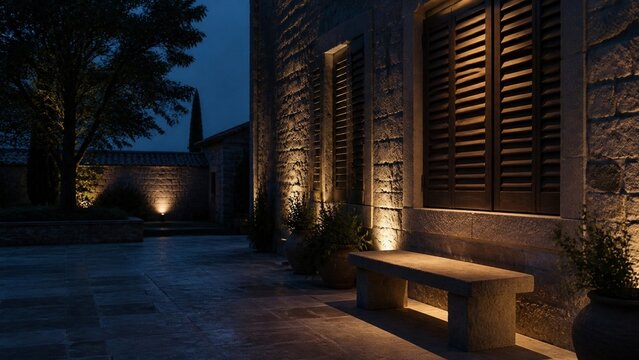 A moody exterior shot of modern architecture; stone textures meet warm artificial lighting creating dramatic shadows; perfect for architectural photography or design inspiration