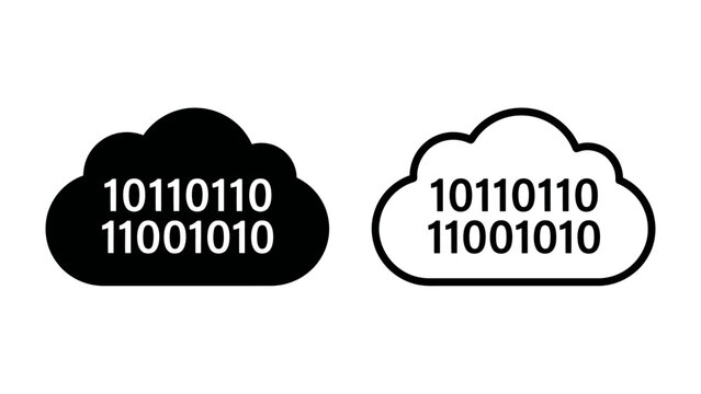Binary Code Cloud Storage: A conceptual graphic illustrating cloud computing with binary code data represented within two cloud icons, one solid black and the other an outline.