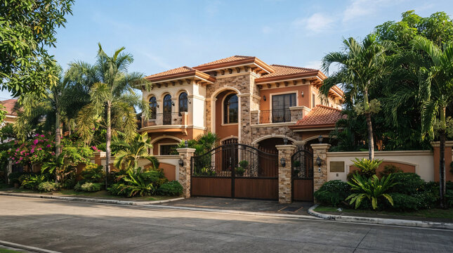 Contemporary luxury residence with geometric architecture, large glass windows and tropical landscaping.