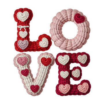 The word love formed from braided yarn with heart details on transparent background
