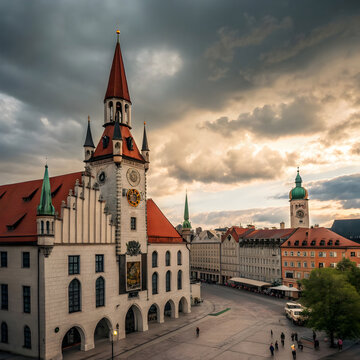 old town hall surrounded by buildings under a cloud