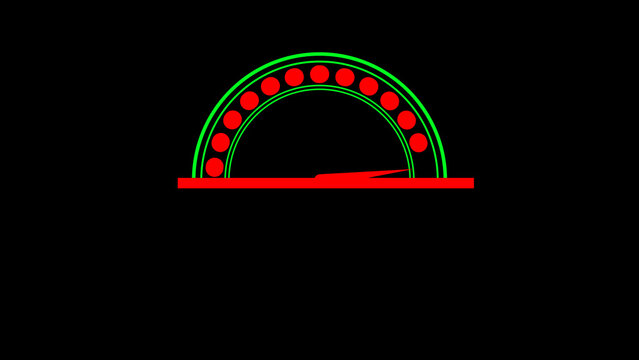 Red needle on a semicircular gauge with green outline and red dots on a red base Keywords: gauge, speedometer