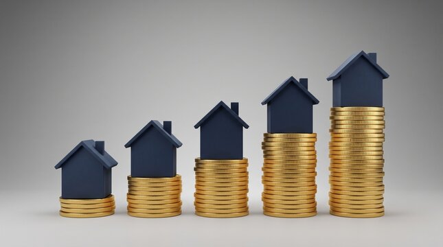 Five blue house models on increasing stacks of gold coins, symbolizing rising real estate value and financial growth.
