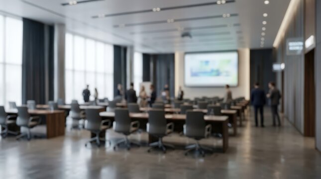 Blurred business professionals gather in a spacious conference room for a corporate meeting. Rows of chairs and tables face a projection screen in a bright, modern office environment.
