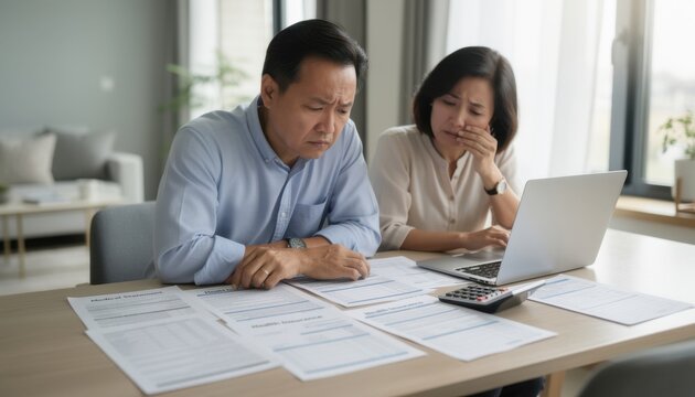 Financial Stress at Home: A middle-aged couple sits at a dining table, looking distressed and worried as they review financial documents and use a laptop and calculator.
