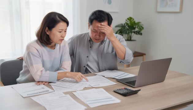 Financial Stress: An Asian couple looks worried and stressed as they review bills and documents at a desk with a laptop and calculator, symbolizing financial difficulties and debt.