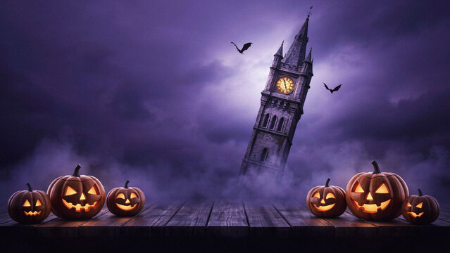 Halloween Jack-O-Lanterns with Crooked Clock Tower on Purple Misty Background