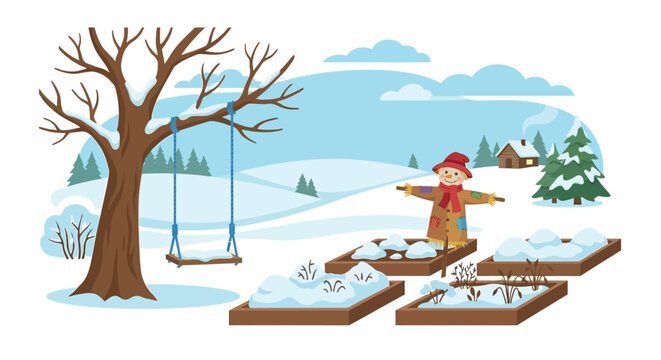 Winter scene with a scarecrow swing and snow covered garden beds