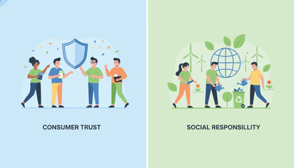 Fototapeta premium Comparative concept poster highlighting values of consumer trust and corporate social responsibility.
