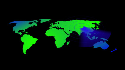 World Map With Green And Blue Gradient And Radar Waves On Black Background global earth © Surjomukhi