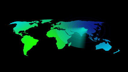 World Map With Green And Blue Gradient And Radar Waves On Black Background global earth © Surjomukhi