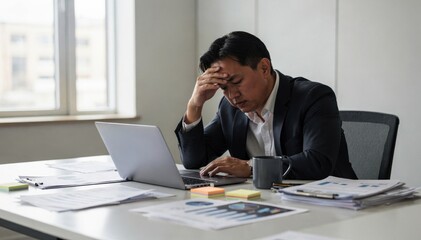 Obraz premium Overwhelmed Executive: A middle-aged Asian businessman in a suit is sitting at his desk, head in hands, clearly stressed and overwhelmed by his workload.
