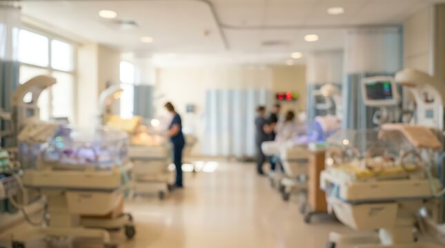 Blurred neonatal intensive care unit with medical staff attending to infants in incubators. Hospital ward environment showing specialized life support equipment and clinical care.