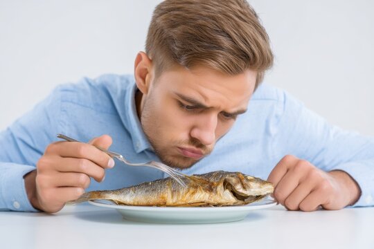 Young man examining grilled fish on a plate looking puzzled with fork in hand ready to eat healthy meal enjoying seafood delicacy at home or restaurant. Generative AI