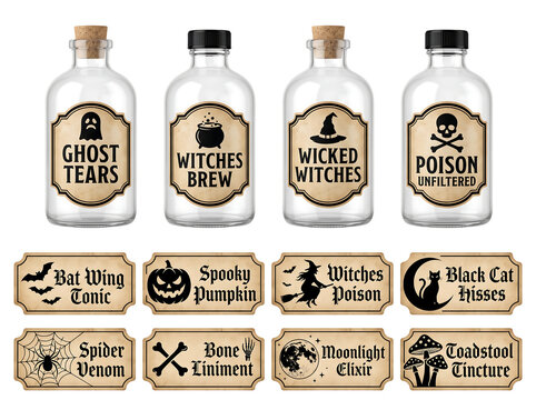 Vintage Halloween Apothecary Label Collection - Potion Bottle Stickers with Ghost, Witch, Poison, and Spooky Icons
