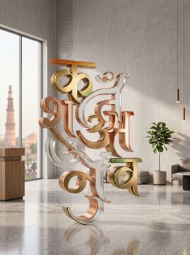 3D Hindi Script Sculpture in Modern Interior Living Room