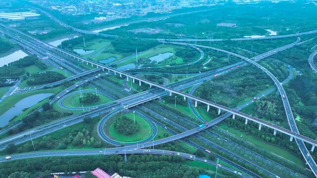 Aerial View of Multilayer Highway Interchange with Looping Ramps