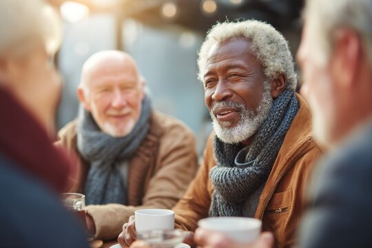 Group of friends enjoying coffee and conversation in a cozy cafe setting with warm sunlight creating a welcoming atmosphere. Generative AI