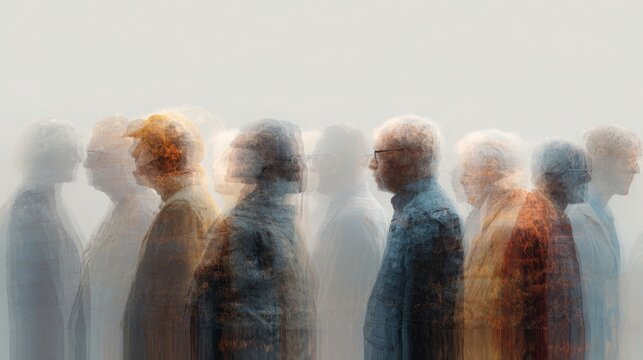 People standing in a row with motion blur effect create an abstract artistic group portrait on neutral background.