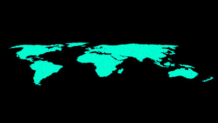 Cyan world map made of dots on a black background Keywords: world map, globe, earth, geography, continents © Surjomukhi