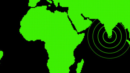 Close-up of green pixelated Africa and India with radar circles Keywords: world map, globe, earth, geography © Surjomukhi