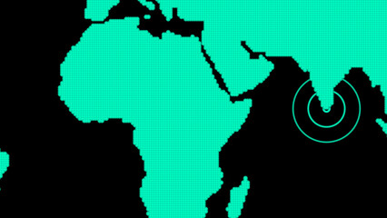 Pixelated World Map With Concentric Circles Over India global geography © Surjomukhi