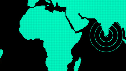Pixelated World Map With Concentric Circles Over India global geography © Surjomukhi