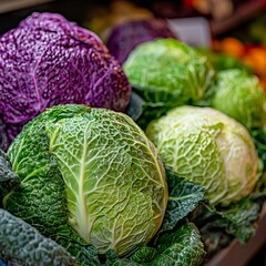 Fototapeta premium Fresh Vibrant Green and Deep Purple Winter Cabbages Displayed Tightly Together in Marketplace