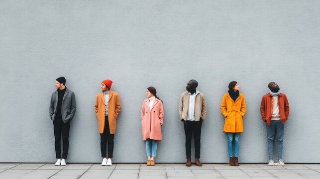 Diverse group of stylish young people standing in a row against a light grey wall wearing trendy winter coats.