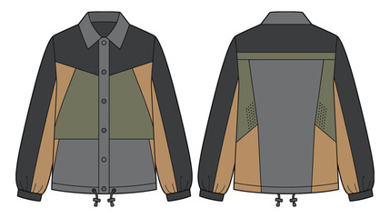 Colorblock utility jacket front and back technical sketch design. © SABIKUNNAHAR