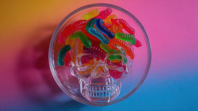 Glass skull bowl filled with colorful gummy worms sits on a vibrant pink, yellow, and blue gradient background.