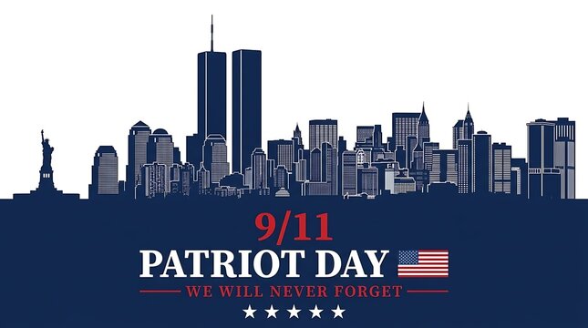 September 11 patriot day skyline remembrance with twin towers silhouette and american flag, we will never forget concept.