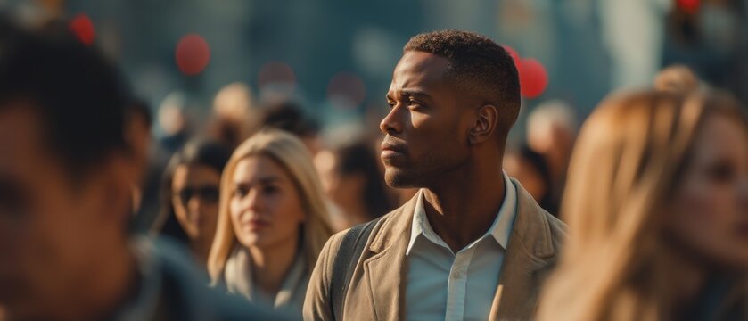 A thoughtful man stands out in a busy urban crowd with a diverse group of people around him showcasing expressions of concentration and reflection. Generative AI