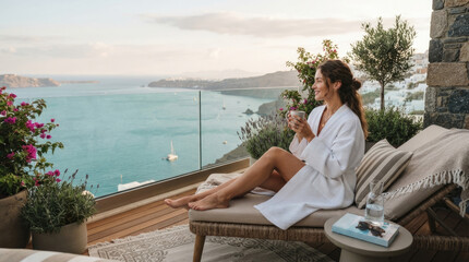 Fototapeta premium Relaxed Woman Drinking Morning Coffee on Scenic Mediterranean Seaside Terrace