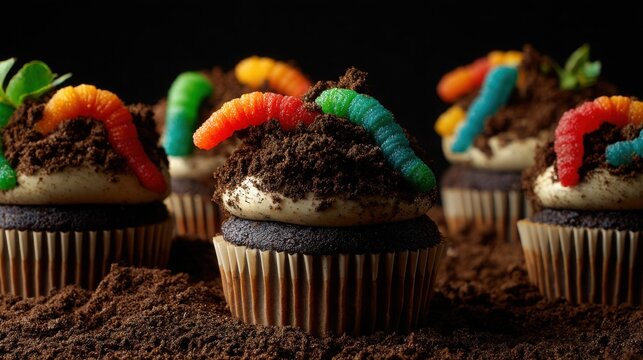 Chocolate cupcakes decorated with colorful gummy worms sit in a pile of crushed cocoa powder on a dark surface.