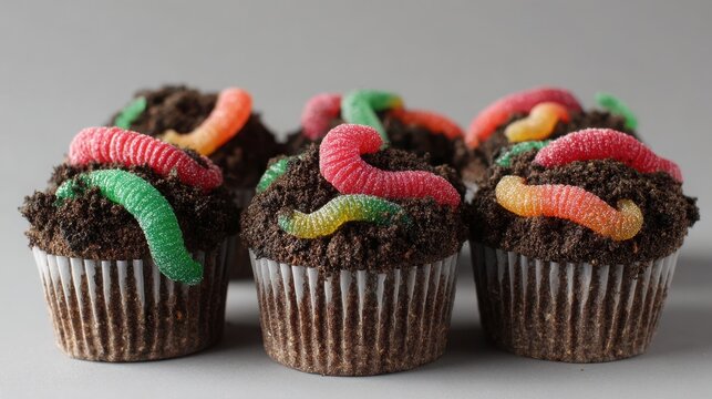 Chocolate cupcakes topped with crushed cookie crumbs and bright gummy worms sit arranged on a neutral gray background.