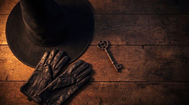 Black witch hat with leather gloves and vintage key on rustic wooden background for halloween holiday concept.