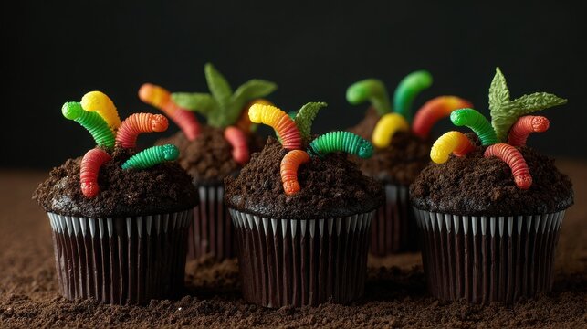 Chocolate dirt cupcakes decorated with colorful gummy worms and fresh mint leaves are displayed against a dark background.