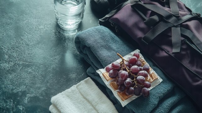 Fresh red grapes rest on top of folded towels alongside a gym bag and a glass of water on a dark table surface.