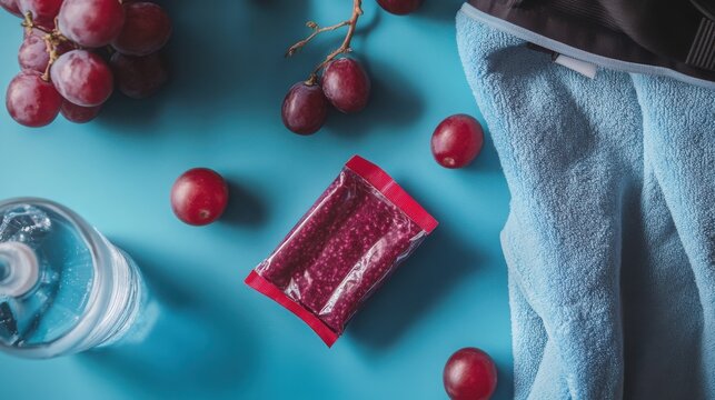 Energy gel sachet surrounded by fresh red grapes, a water bottle, and a blue sports towel on a blue background.