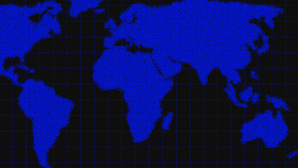 Blue World Map Made of Small Dots on Black Grid Background globe earth © Surjomukhi