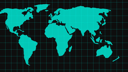 Teal World Map with Grid Lines on Black Background globe earth © Surjomukhi