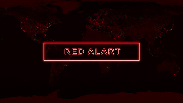 Red neon " REDALERT" sign over a dark world map with red lights alert red alert