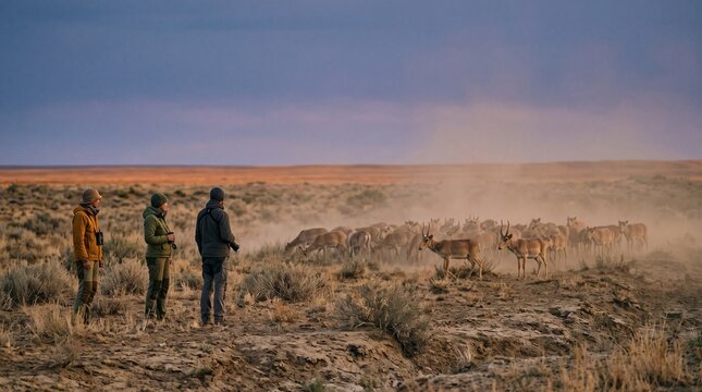 Field researchers observe saiga herd on Mongolia steppe at dusk